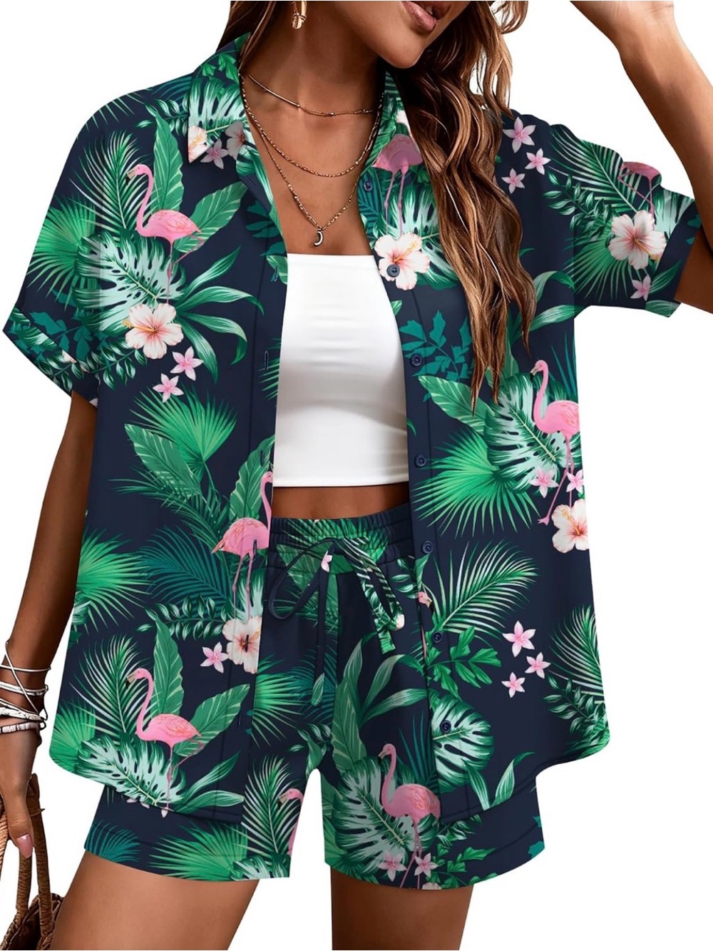 Tropical Flamingo Two-Piece Shirt & Shorts Set - Navy with Pink & Green